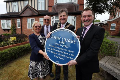  members of the Birmingham Civic Society presenting a blue plaque commemorating the achievements of John Curry OBE